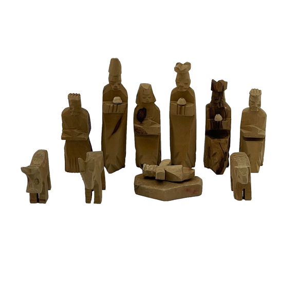 VTG Hand Carved Bethlehem Olive Wood Christmas Holy Nativity Set of 11 - Picture 4 of 11